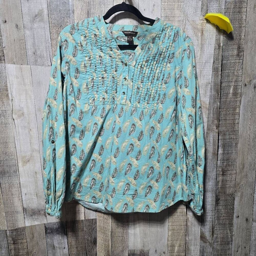 Bit & Bridle Teal Feather Print Pleated Top XL Western Cowgirl Rodeo Spring